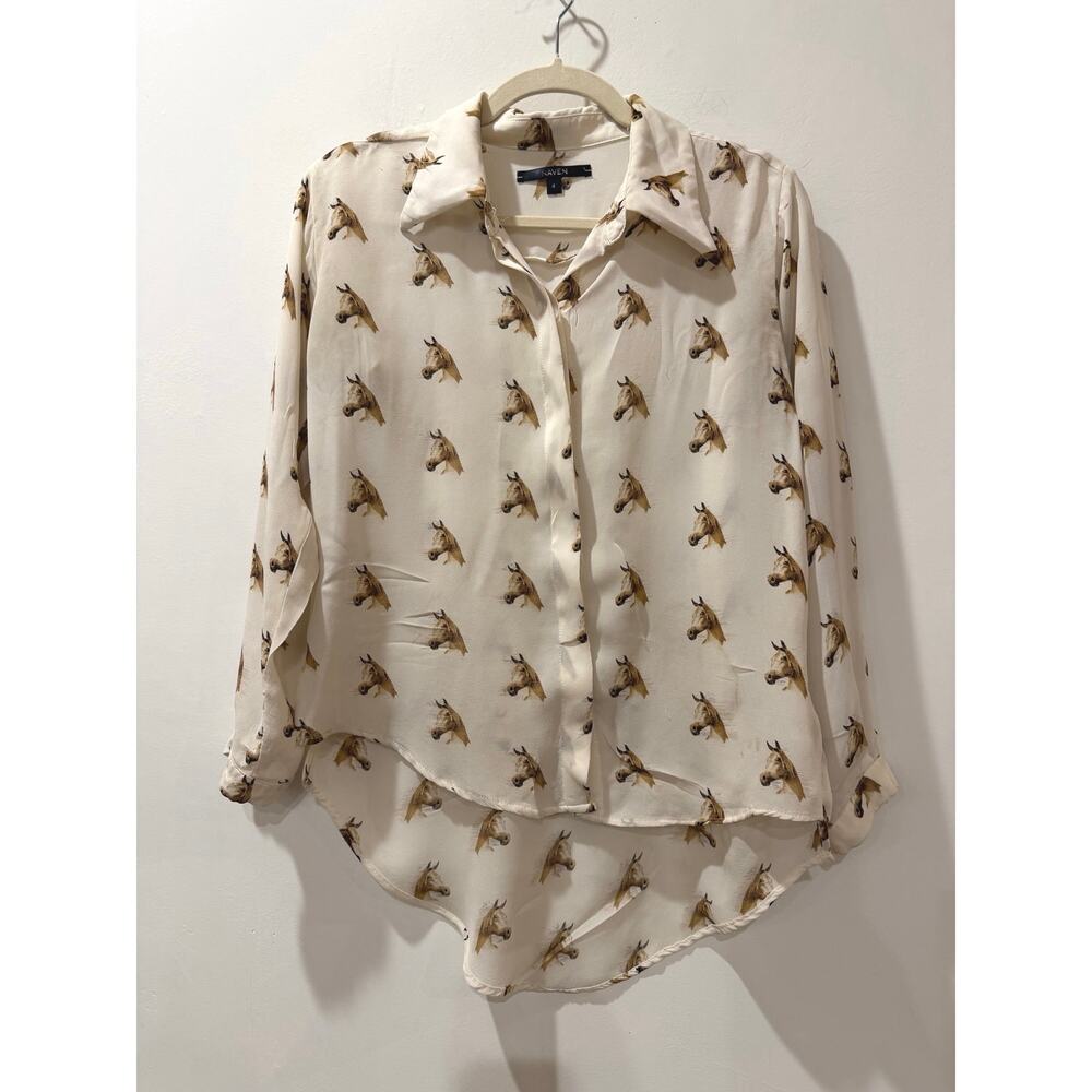 NAVEN 100% silk horse button down blouse 4 ivory brown whimsy farm
